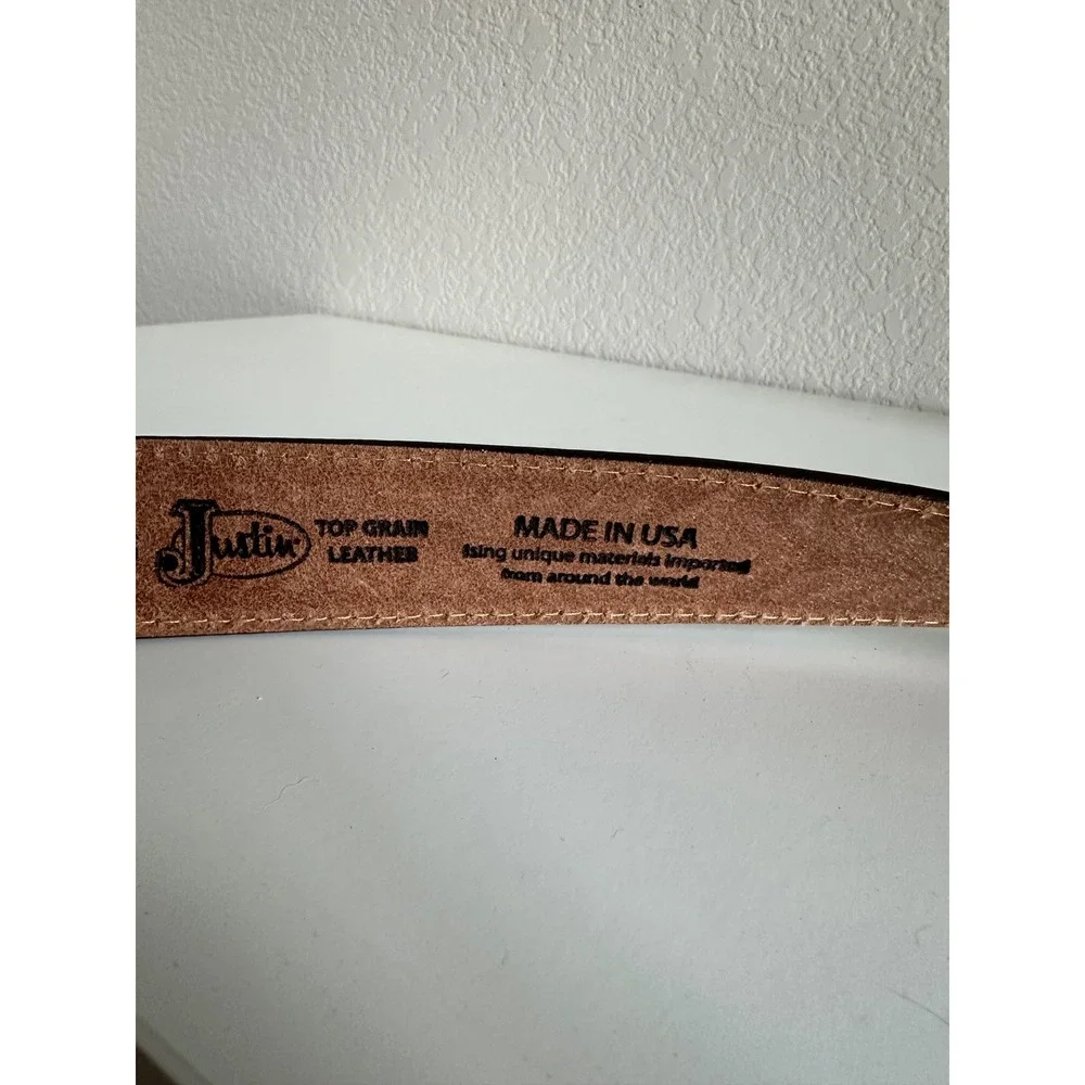 Justin Mens Brown Tooled Leather Western Belt Size 34 Made in USA C13785 NEW